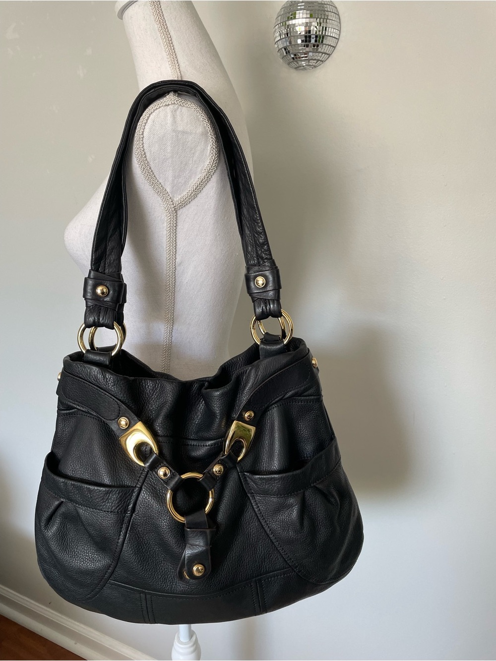B. Makowsky Black Glove Leather Slouchy Hobo Shoulder Bag Gold Y2K Vintage - Picture 16 of 16